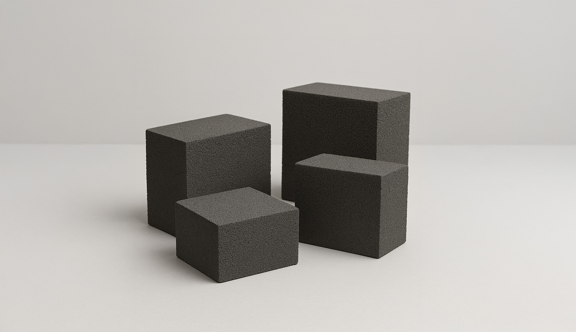 Three charcoal extruded polystyrene foam blocks in varying sizes arranged on a light surface.