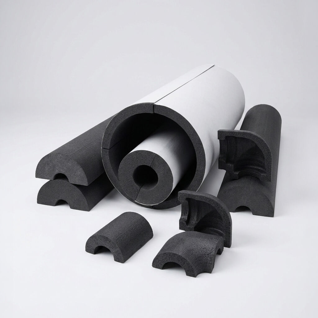 Charcoal XPS extruded polystyrene pipe insulation showing tubes, half-shells and fittings.