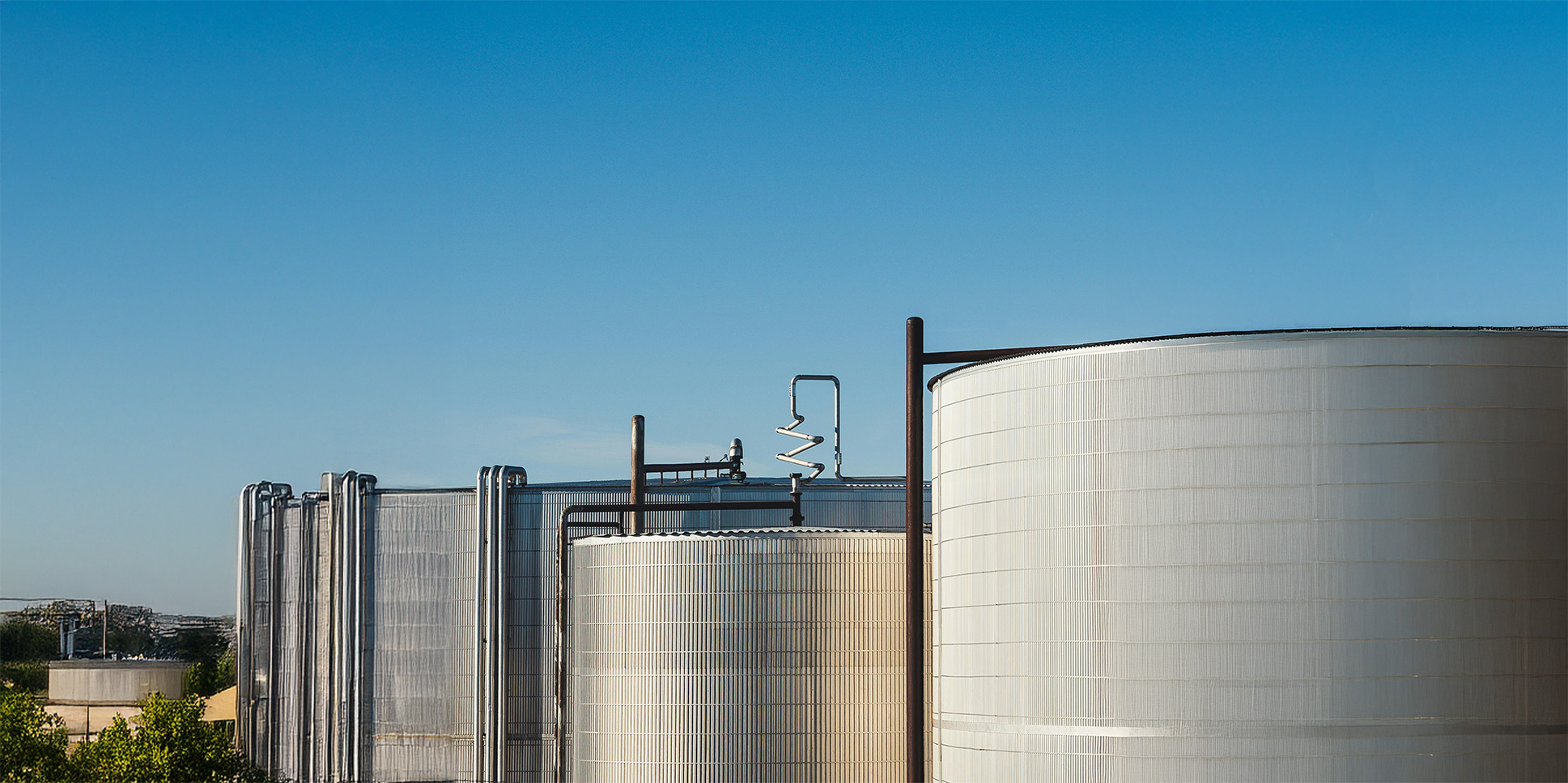 Row of large stainless steel industrial storage tanks beneath a clear blue sky.