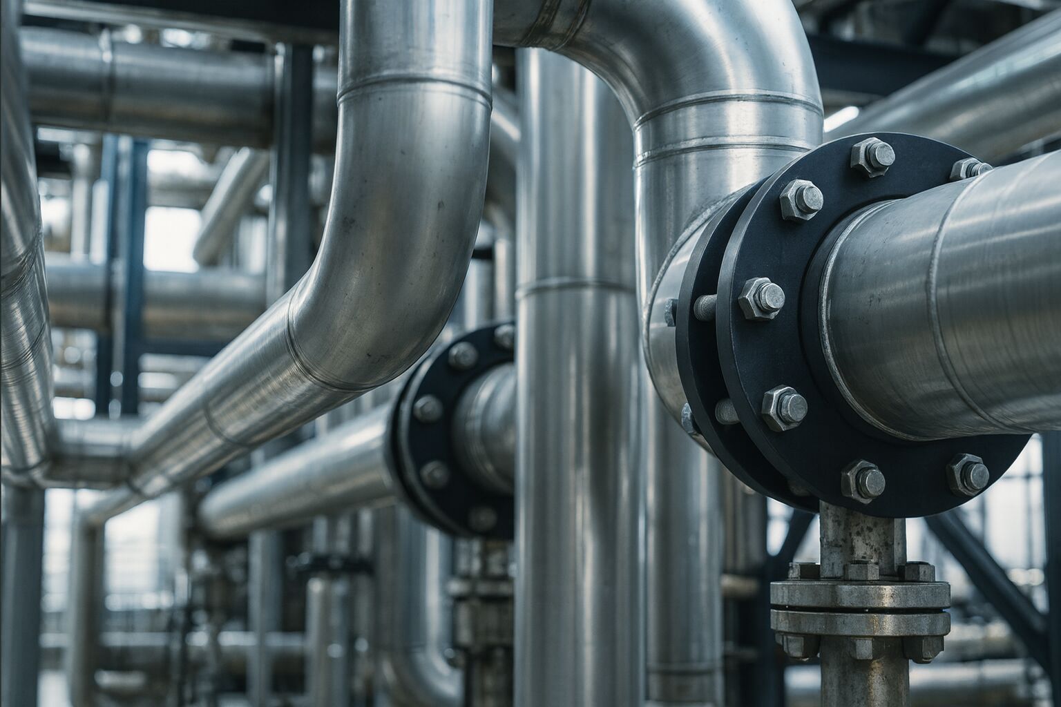 Network of large stainless steel industrial process pipes with bolted flange connections.