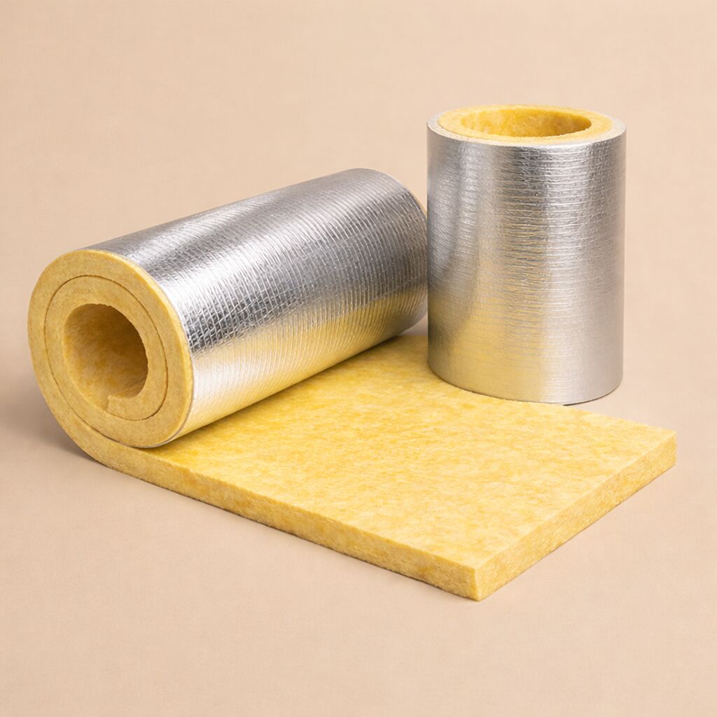 Roll, board and pipe section of yellow mineral wool insulation with foil facing.